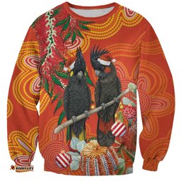 Australia Black Cockatoo Christmas Sweatshirt Banksia Bottlebrush Aboriginal Art LT14