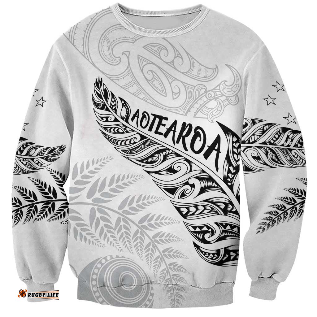 Aotearoa Personalized Lawn Bowls Maori Sweatshirt New Zealand White Tribal Silver Fern LT7