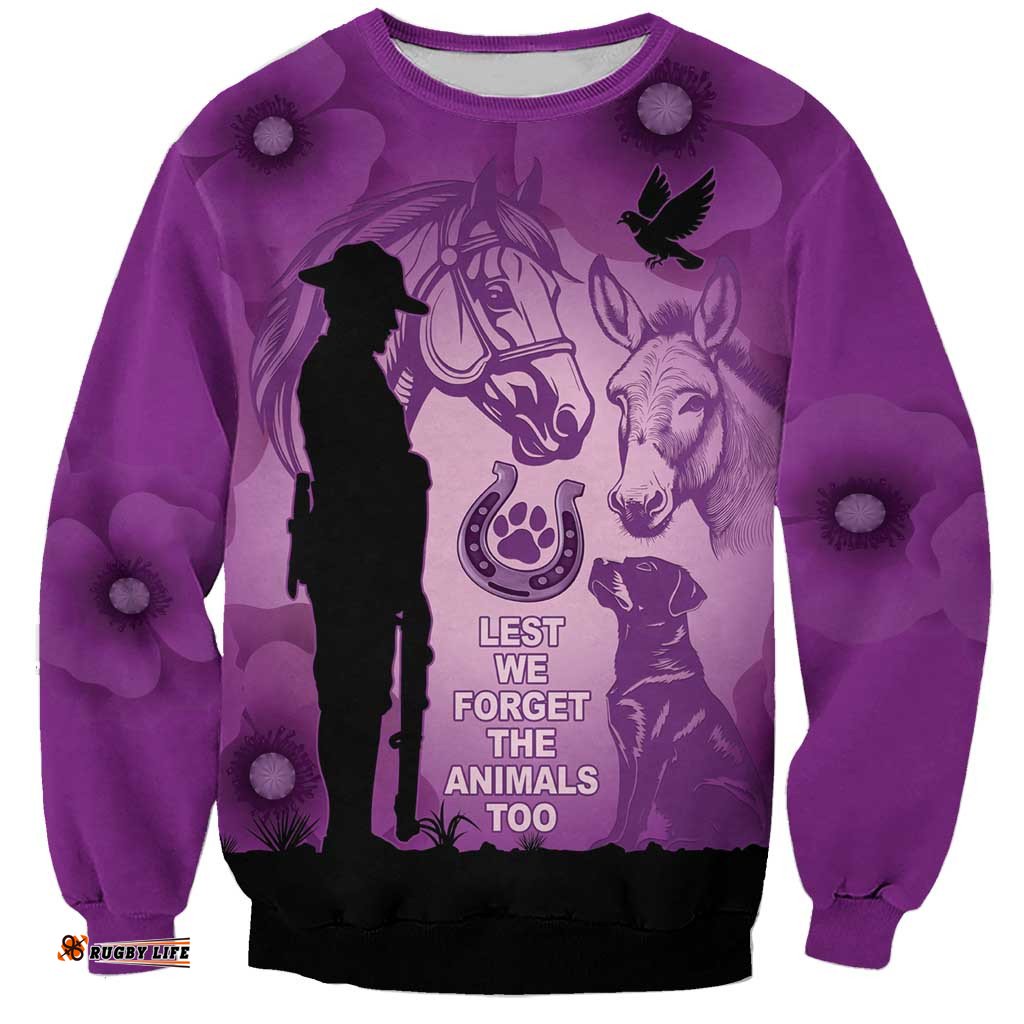 Australia Animals ANZAC Day Sweatshirt Lest We Forget The Animals Too Purple Poppy LT14