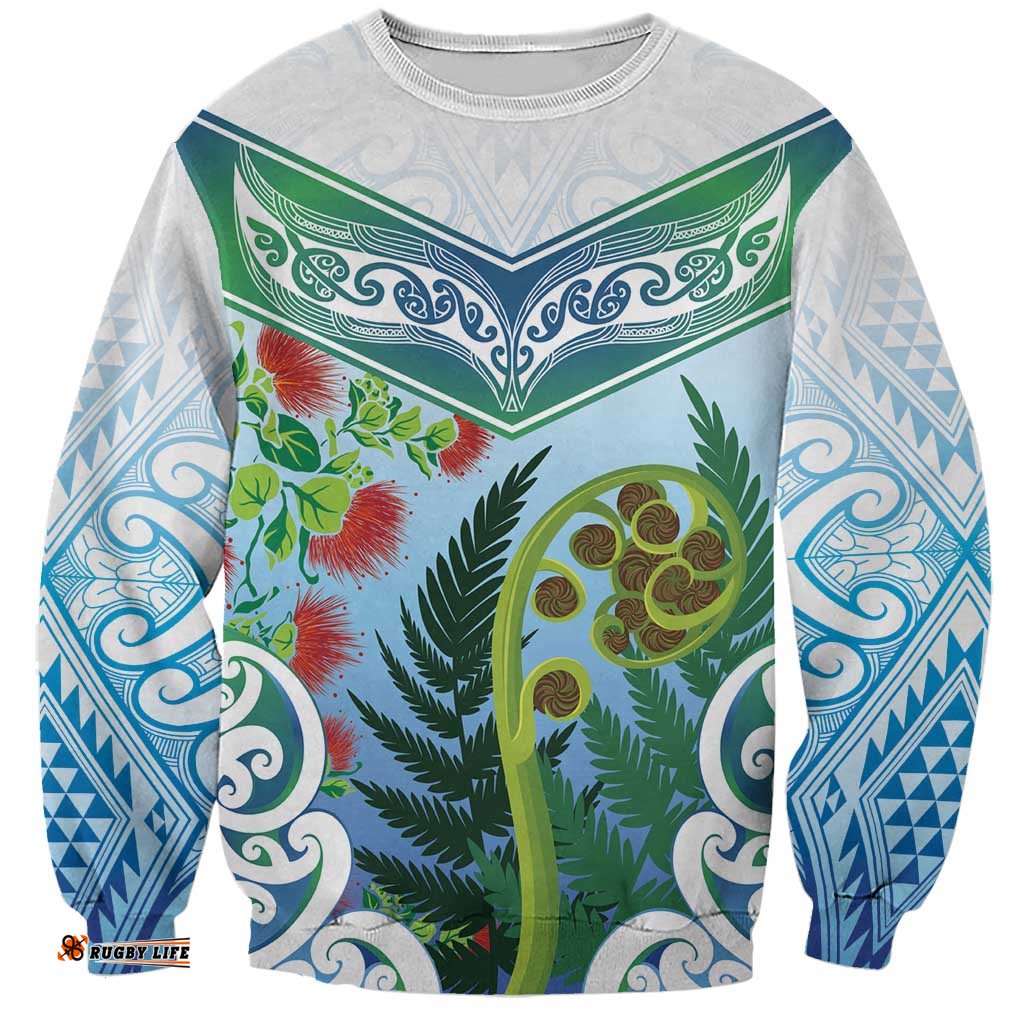 Aotearoa New Zealand Natural Plants Sweatshirt Pohutukawa with Silver Ferns Koru Frond Maori Tattoos LT03
