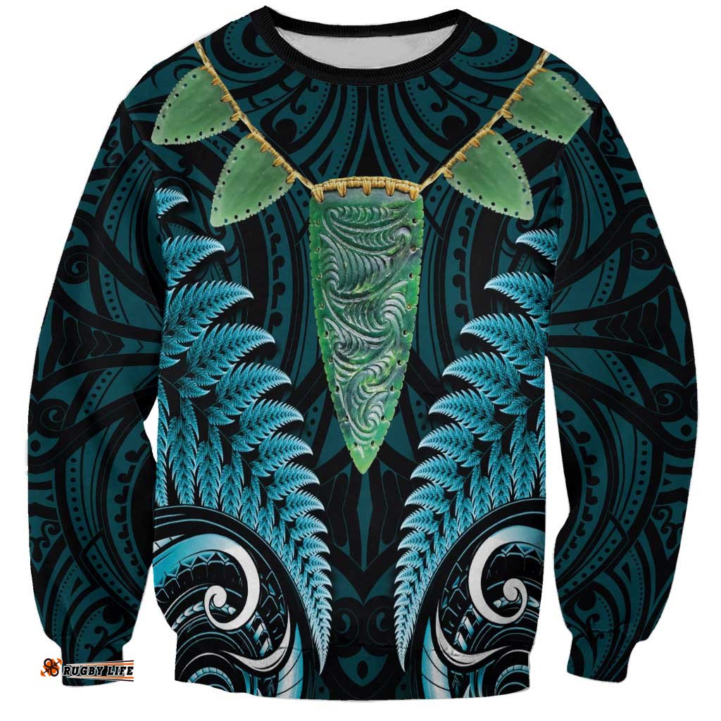Aotearoa Pounamu Niho Sweatshirt Silver Fern Mix Maori Pattern - Turquoise LT14