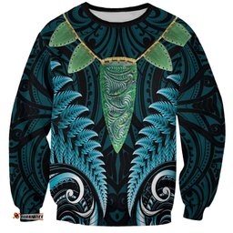 Aotearoa Pounamu Niho Sweatshirt Silver Fern Mix Maori Pattern - Turquoise LT14