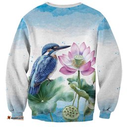 Australia Azure Kingfisher Sweatshirt Ceyx Azureus Sacred Lotus Watercolor LT14