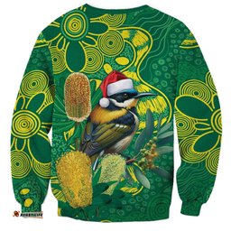Aussie Honeyeaters Banksia Christmas Sweatshirt Aboriginal Dots Painting Green Motif LT9
