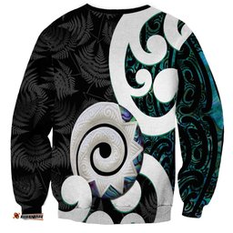 Aotearoa Koru Sweatshirt Cyan Maori Paua Shell Mix Silver Fern LT14