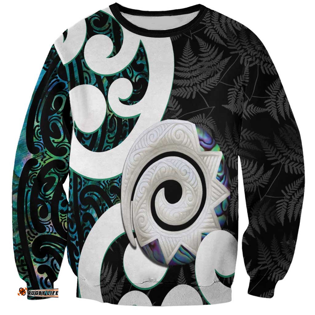 Aotearoa Koru Sweatshirt Cyan Maori Paua Shell Mix Silver Fern LT14