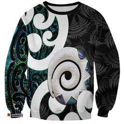 Aotearoa Koru Sweatshirt Cyan Maori Paua Shell Mix Silver Fern LT14