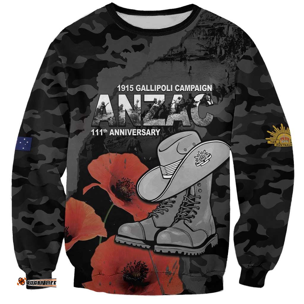 Australia 1915 Gallipoli ANZAC Sweatshirt 111th Anniversary Army Boots And Slouch Hat LT14