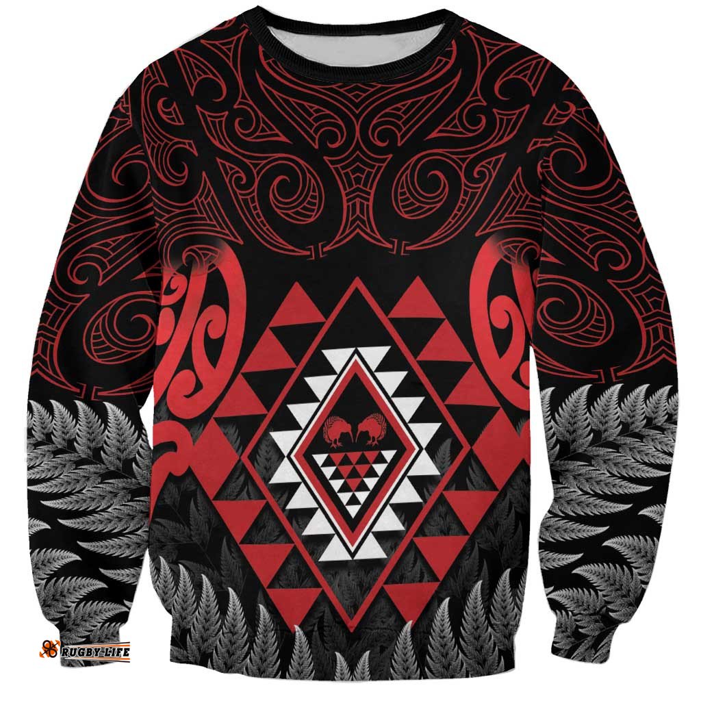 Aotearoa Kiwi Taniko Sweatshirt Silver Fern With Maori Koru Pattern LT14