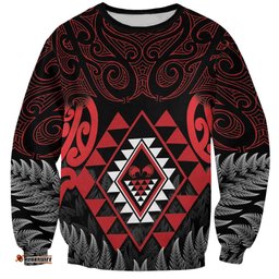 Aotearoa Kiwi Taniko Sweatshirt Silver Fern With Maori Koru Pattern LT14
