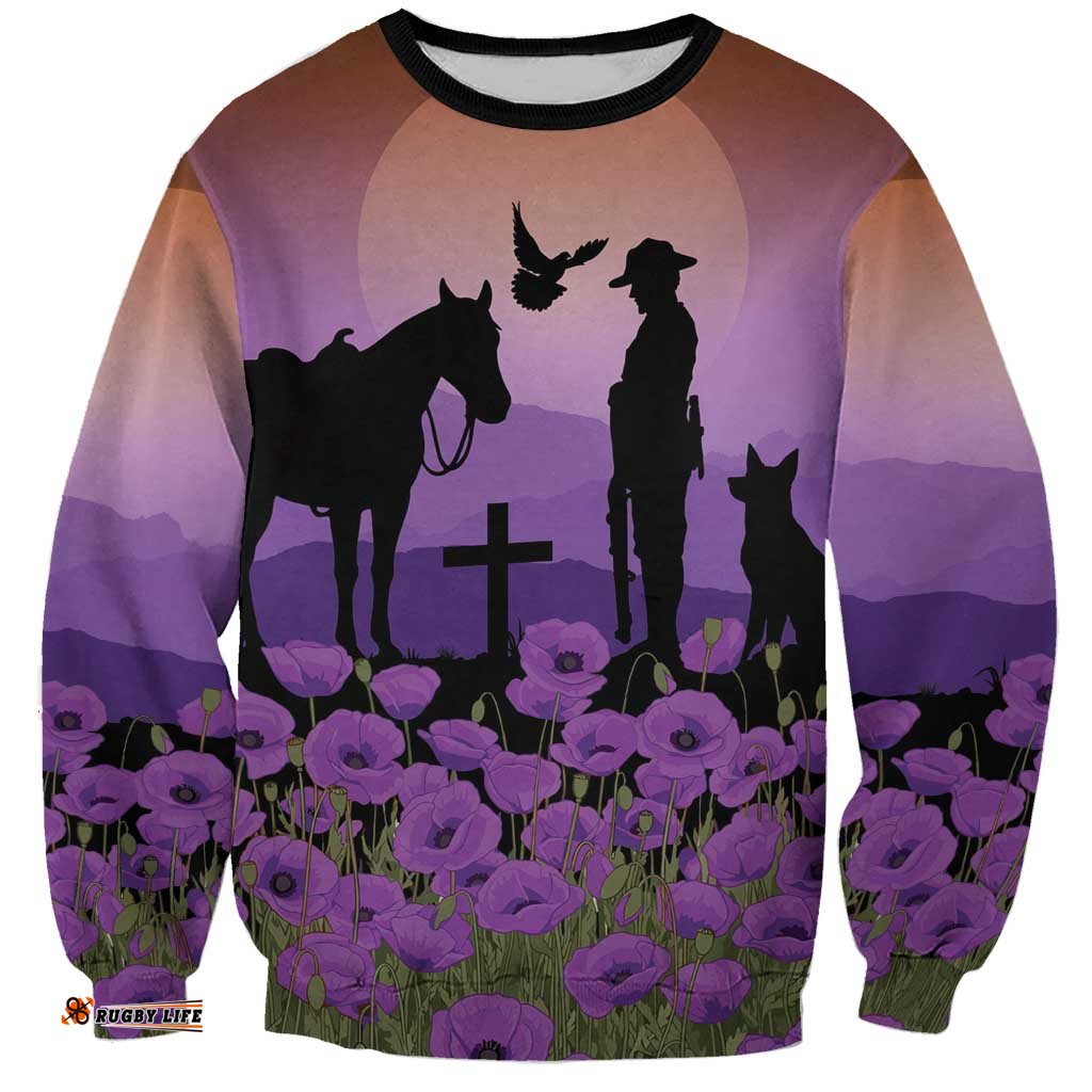 Australia ANZAC Animal Heroes Sweatshirt Purple Poppies LT7