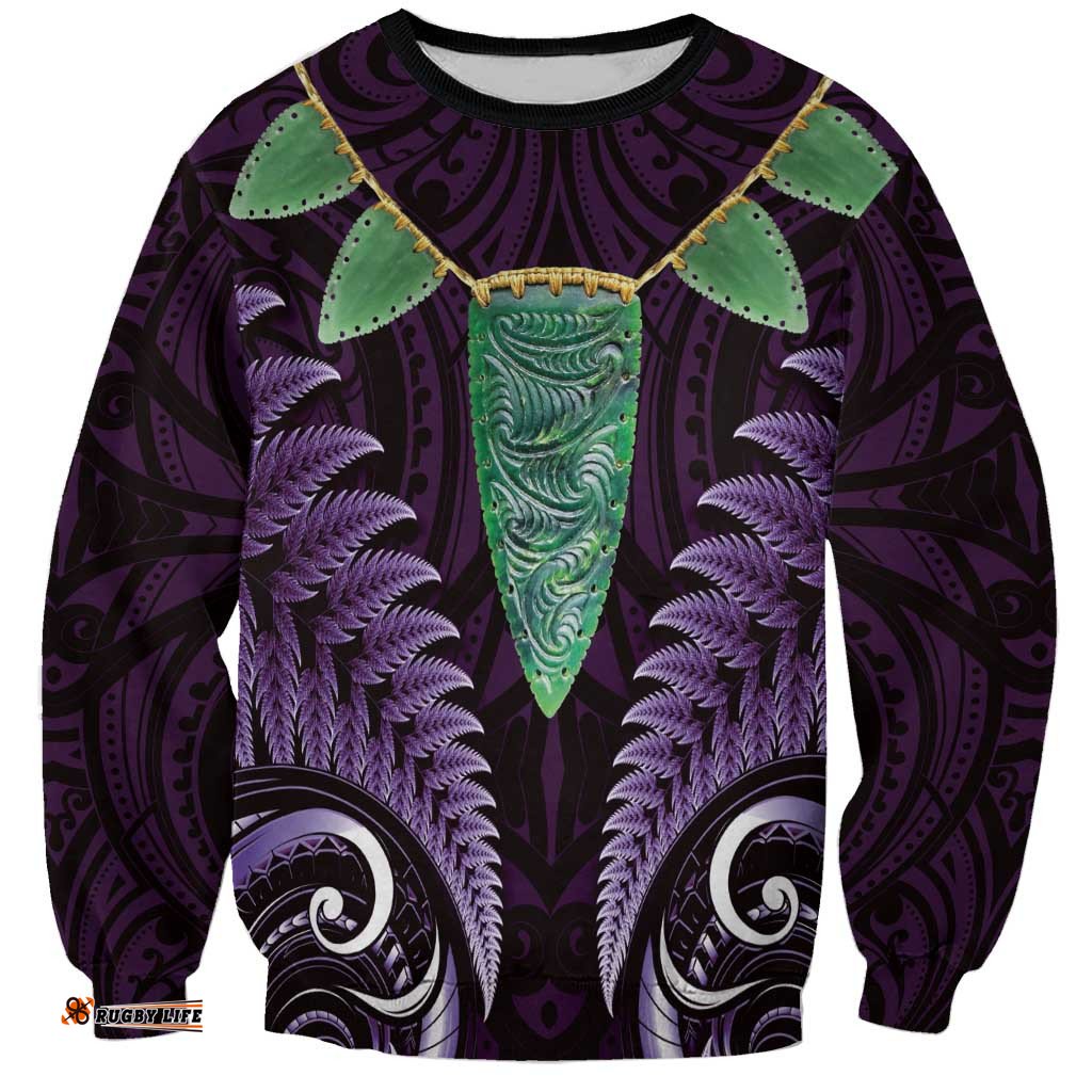 Aotearoa Pounamu Niho Sweatshirt Silver Fern Mix Maori Pattern - Purple LT14