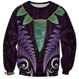 Aotearoa Pounamu Niho Sweatshirt Silver Fern Mix Maori Pattern - Purple LT14