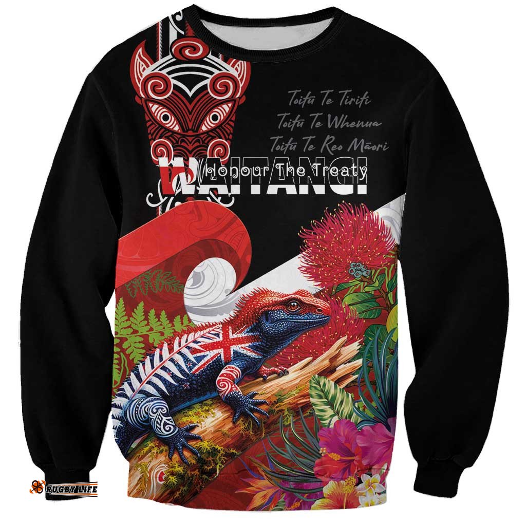 Aotearoa Toitu Te Tiriti Sweatshirt Waitangi-Honour The Treaty NZ Tuatara and Plants LT03