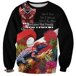 Aotearoa Toitu Te Tiriti Sweatshirt Waitangi-Honour The Treaty NZ Tuatara and Plants LT03