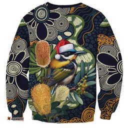 Aussie Honeyeaters Banksia Christmas Sweatshirt Aboriginal Dots Painting Blue Motif LT9