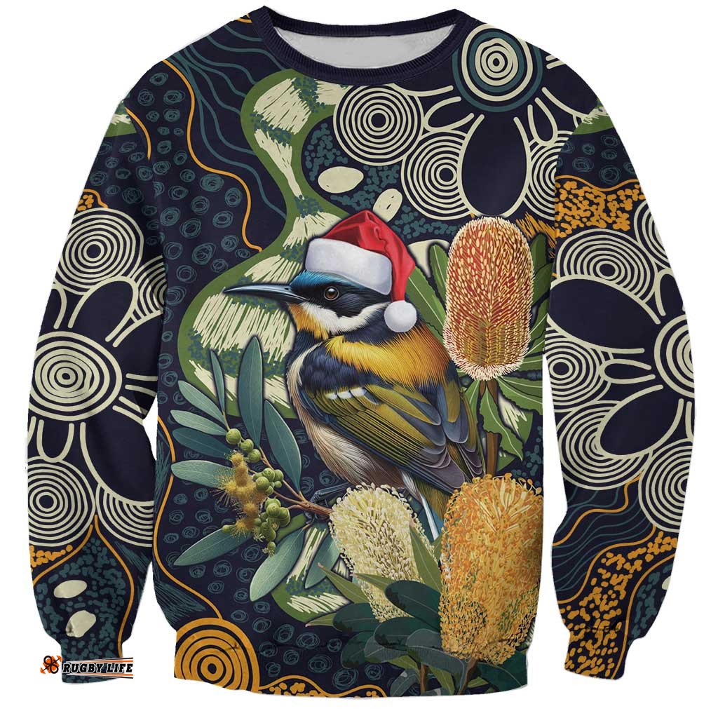 Aussie Honeyeaters Banksia Christmas Sweatshirt Aboriginal Dots Painting Blue Motif LT9