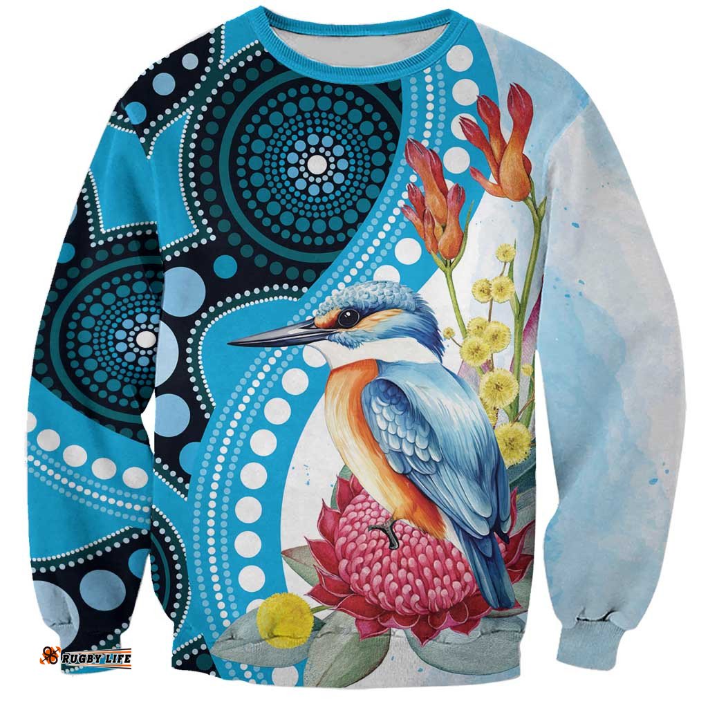 Australia Azure Kingfisher Sweatshirt Australian Native Flowers Indigenous Art LT14
