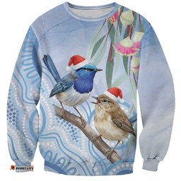 Australia Superb Fairywren Christmas Sweatshirt Aboriginal Eucalyptus Blossoms Watercolor LT14