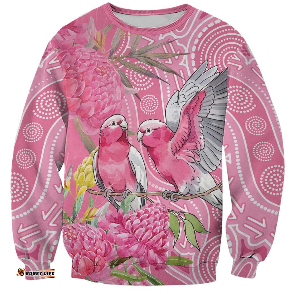 Australia Pink Galah Sweatshirt Rose-breasted Cockatoo Waratah Indigenous Art LT14