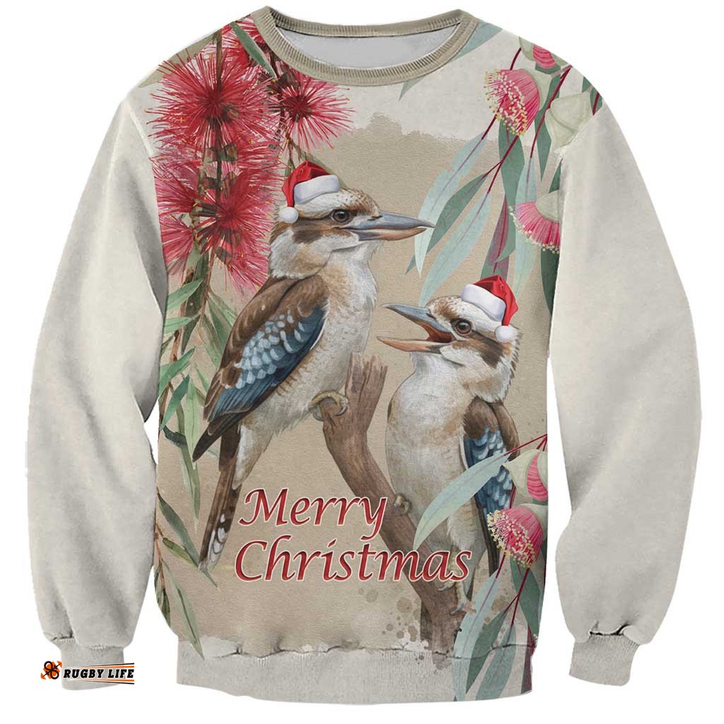 Australia Kookaburra Christmas Sweatshirt Bottlebrush Eucalyptus Blossoms Watercolor LT14