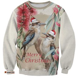 Australia Kookaburra Christmas Sweatshirt Bottlebrush Eucalyptus Blossoms Watercolor LT14