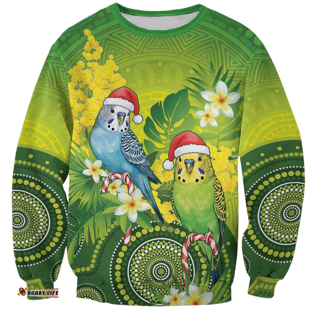 Budgerigar Australia Christmas Sweatshirt Budgies Golden Wattle Aboriginal Green LT14