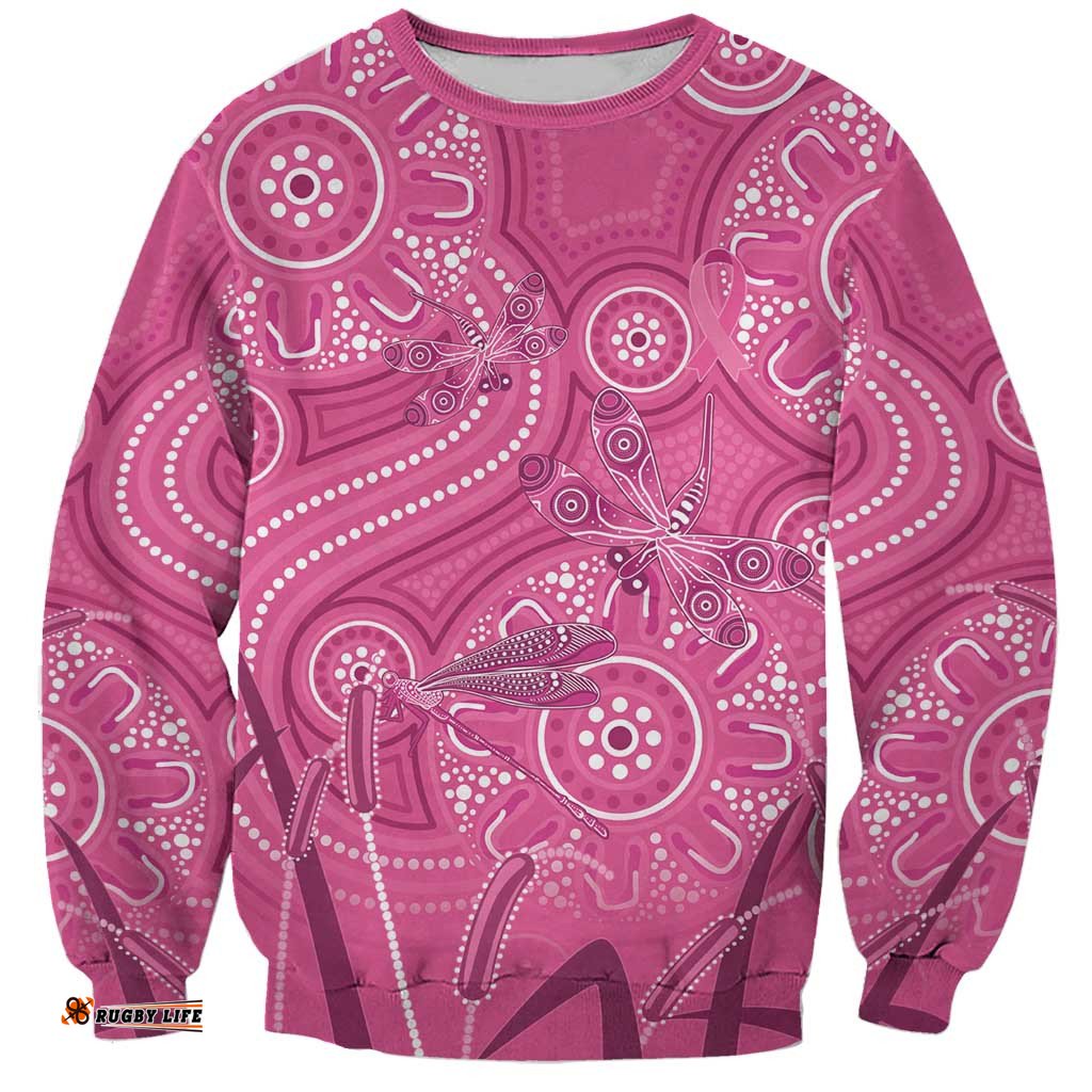 Australia Indigenous Pink Month Sweatshirt Breast Cancer Aboriginal Dragonflies Ribbon LT14