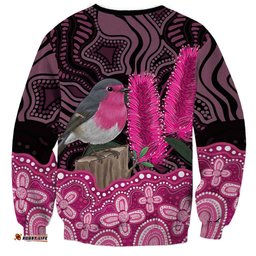 Australia Indigenous Sweatshirt Breast Cancer Pink Robin Bottlebrush Aboriginal Art LT14