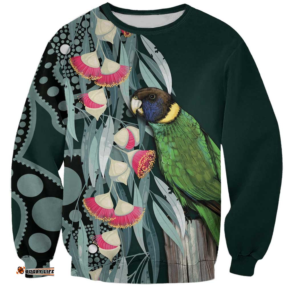 Australian Ringneck Parrot Sweatshirt Barnardius Zonarius Eucalyptus Flowers Aboriginal Art LT14