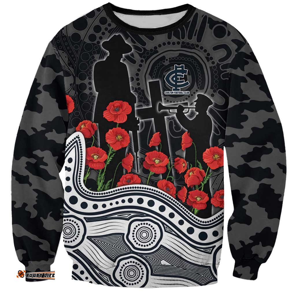 Carlton Blues ANZAC Day Sweatshirt Indigenous Dot Art with Poppy Flower Tribute TS04