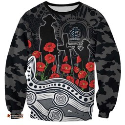 Carlton Blues ANZAC Day Sweatshirt Indigenous Dot Art with Poppy Flower Tribute TS04