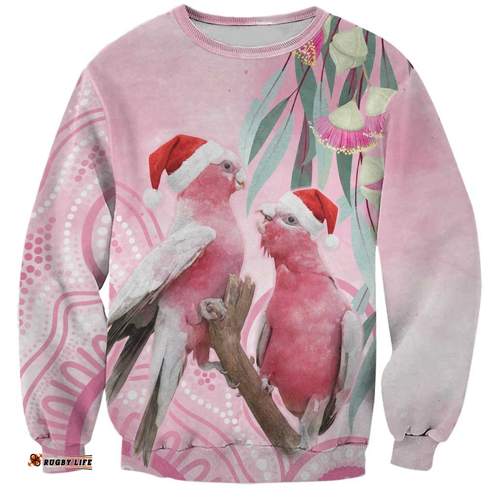 Australia Funny Pink Galah Christmas Sweatshirt Aboriginal Eucalyptus Blossoms Watercolor LT14