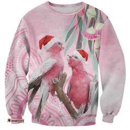 Australia Funny Pink Galah Christmas Sweatshirt Aboriginal Eucalyptus Blossoms Watercolor LT14
