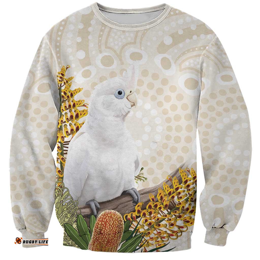 Australia Little Corella Sweatshirt Cacatua Sanguinea Western Grevillea Aboriginal Art LT14