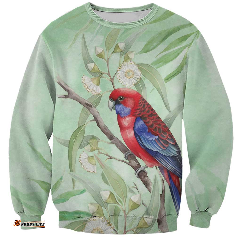Australia Crimson Rosella Sweatshirt Platycercus Elegans Eucalyptus Alba Watercolor LT14