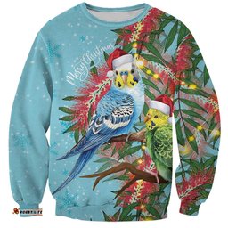 Blue Budgies on Callistemon Sweatshirt Merry Christmas Aussie LT7