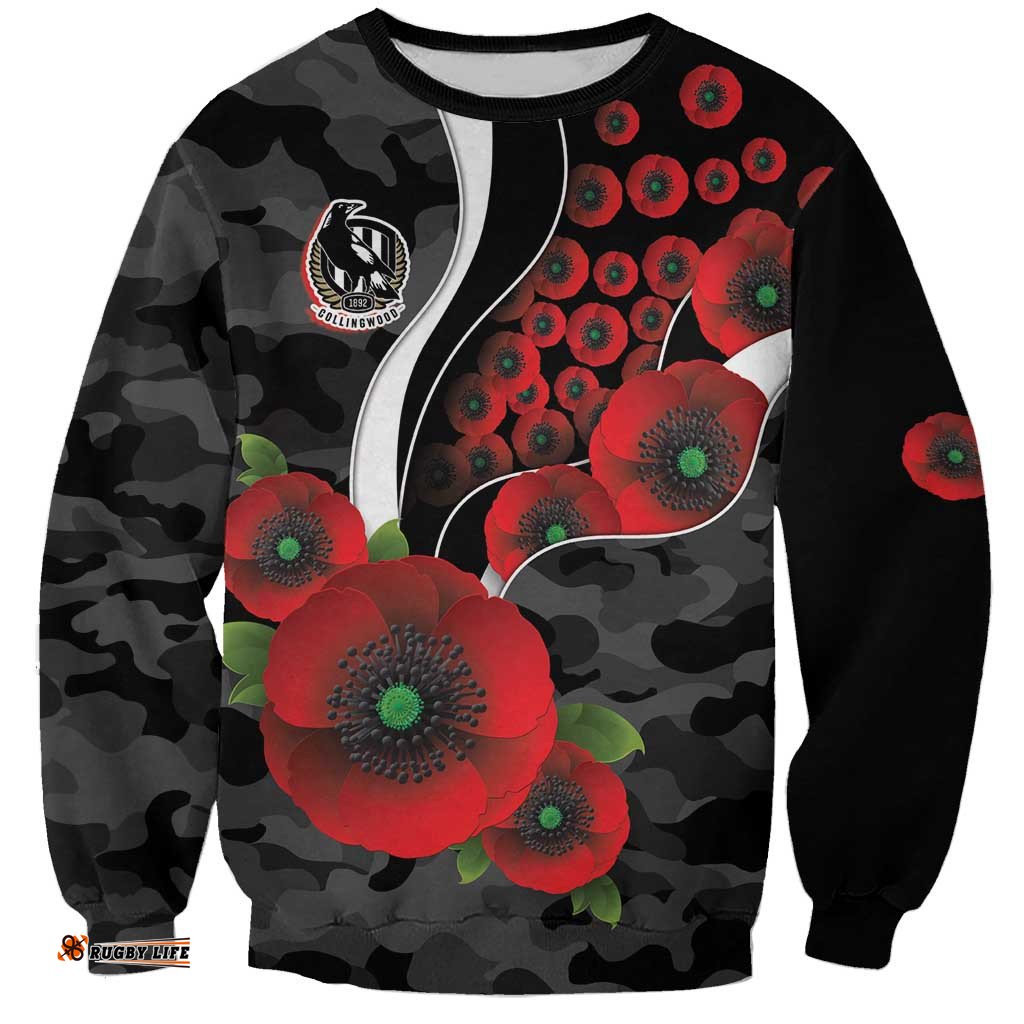 Collingwood Magpies ANZAC Personalised Sweatshirt Lest We Forget Poppy Camo LT9