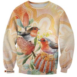 Australia Flame Robin Sweatshirt Petroica Phoenicea Banksia Indigenous Art LT14