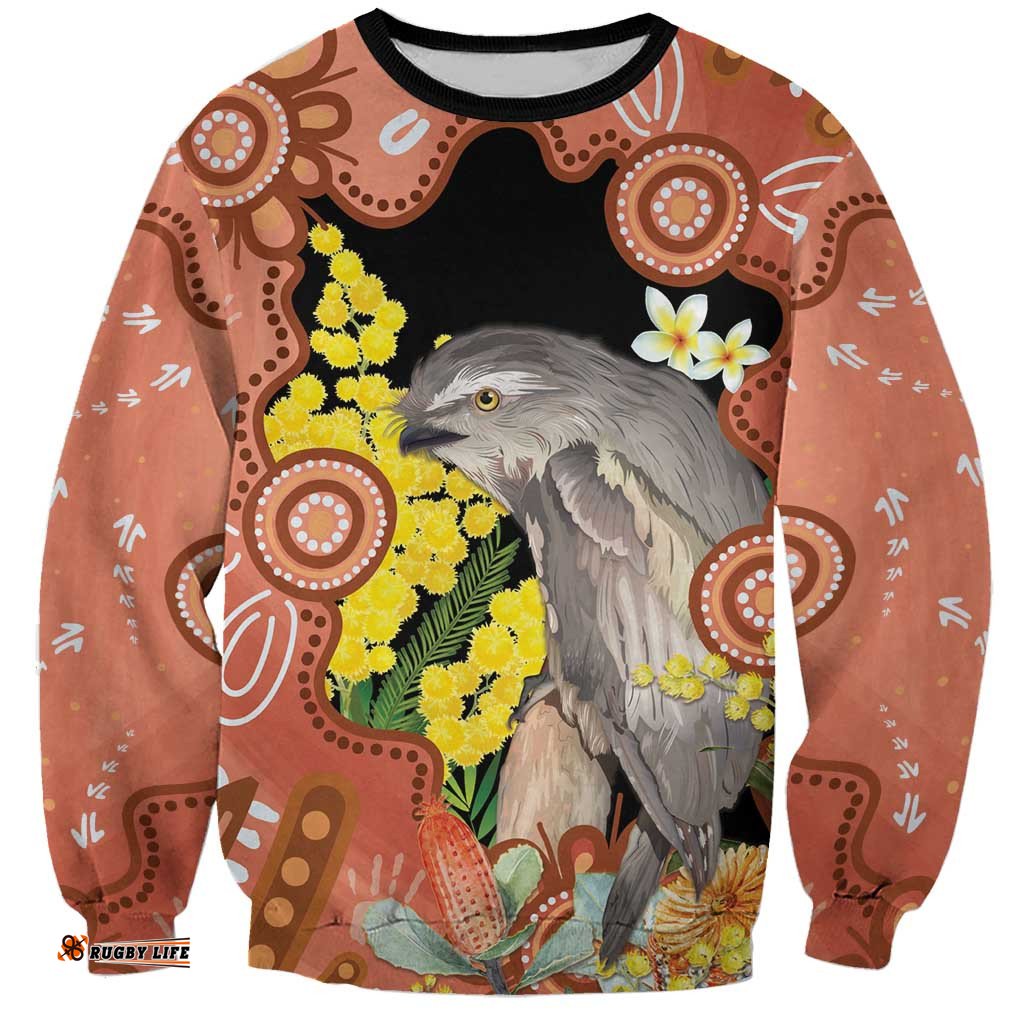 Australia Tawny Frogmouth Sweatshirt Golden Wattle Banksia Aboriginal Art LT14