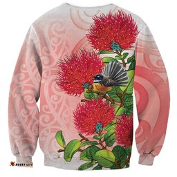 New Zealand Fantail Sweatshirt Maori Koru With Pohutukawa Flowers LT05