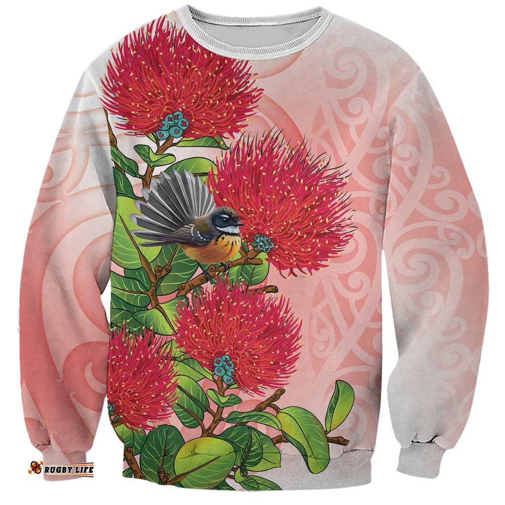 New Zealand Fantail Sweatshirt Maori Koru With Pohutukawa Flowers LT05