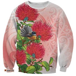 New Zealand Fantail Sweatshirt Maori Koru With Pohutukawa Flowers LT05