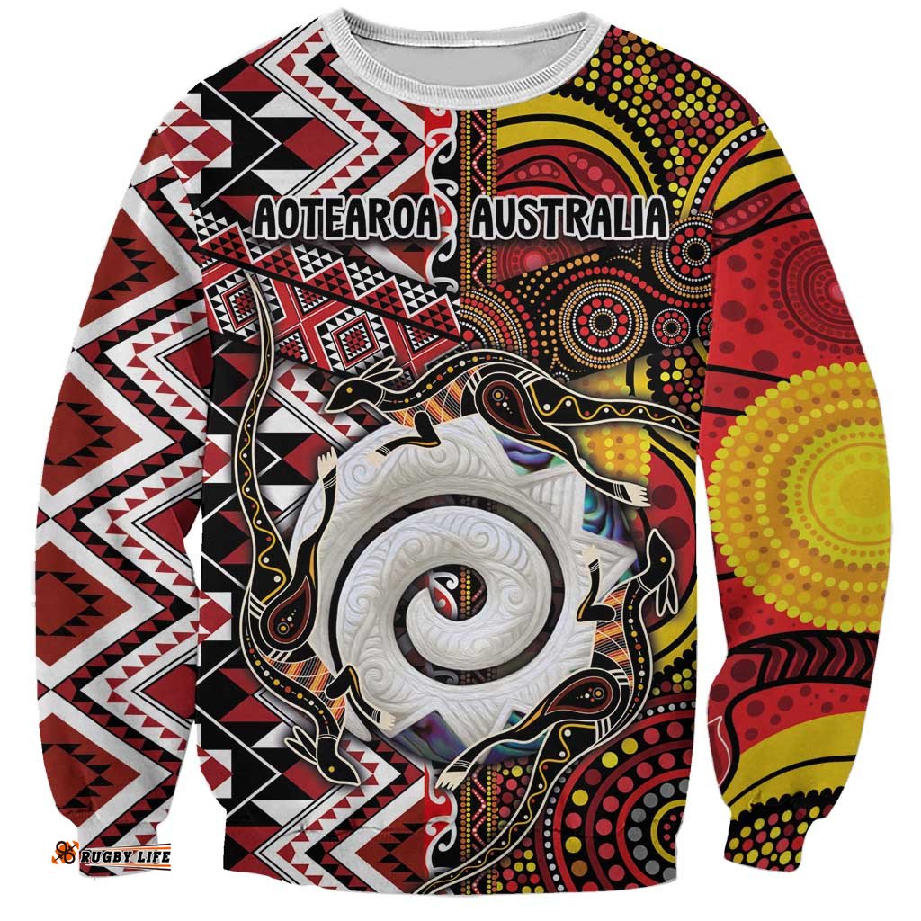 Personalised Aotearoa and Australia Together Sweatshirt Koru and Kangaroo - Taniko with Aboriginal Motif LT03