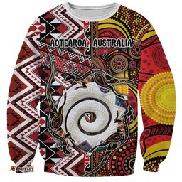 Personalised Aotearoa and Australia Together Sweatshirt Koru and Kangaroo - Taniko with Aboriginal Motif LT03