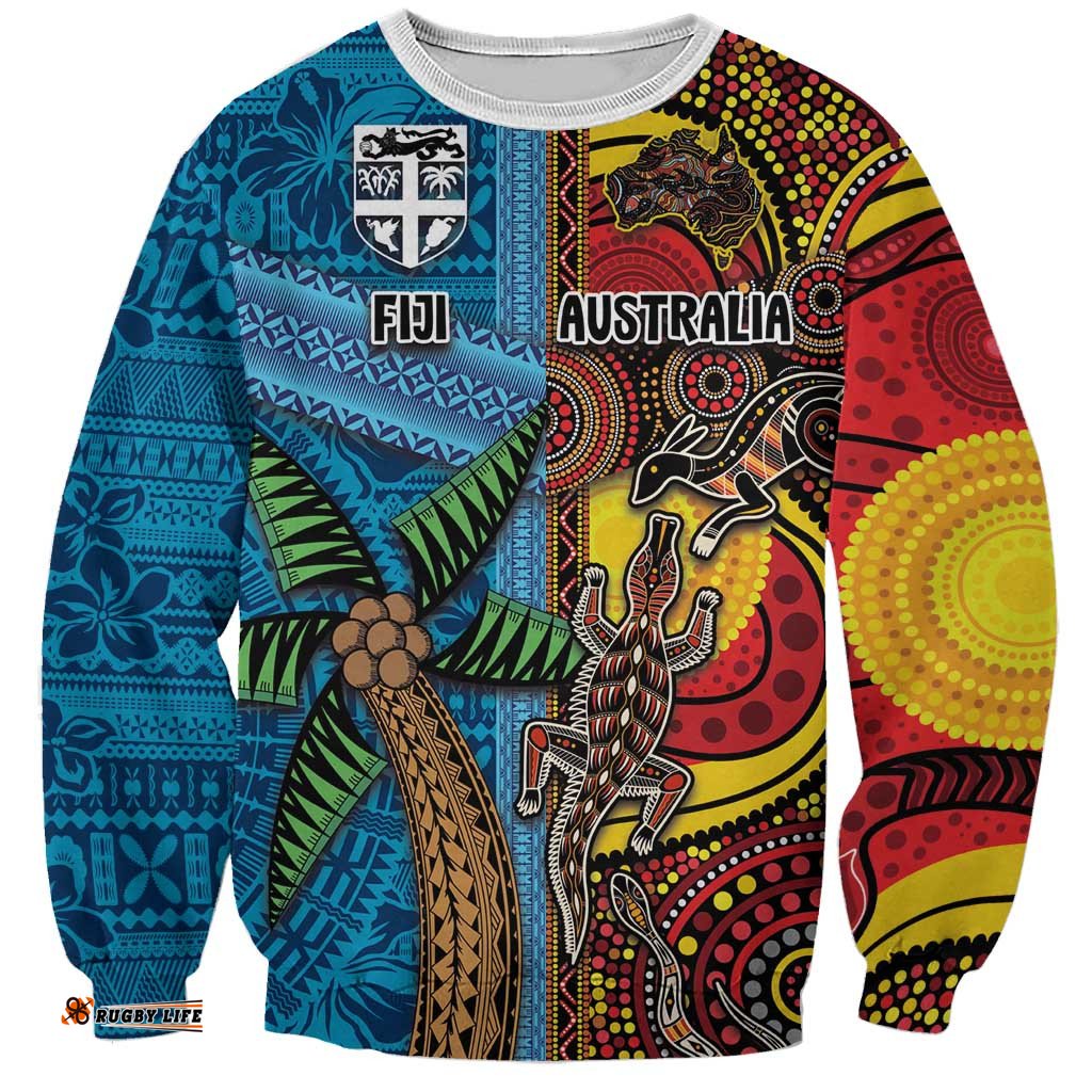 Personalised Australia and Fiji Together Sweatshirt Tribal Palm Tree with Tapa and Aboriginal Animals Half Style LT03