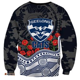 Geelong Cats ANZAC Day Sweatshirt Indigenous Dot Art with Poppy Flower Tribute TS04