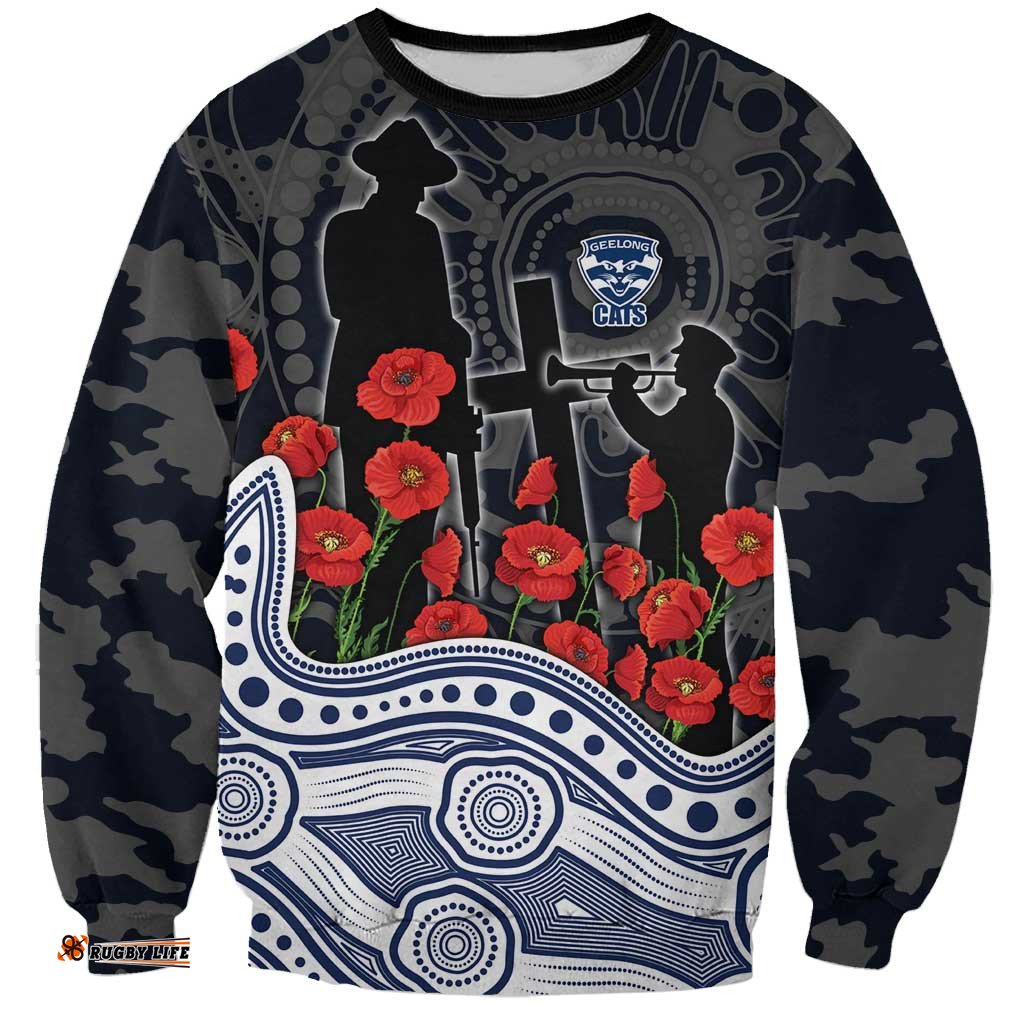 Geelong Cats ANZAC Day Sweatshirt Indigenous Dot Art with Poppy Flower Tribute TS04