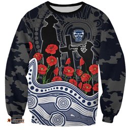 Geelong Cats ANZAC Day Sweatshirt Indigenous Dot Art with Poppy Flower Tribute TS04