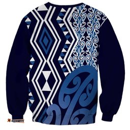 New Zealand Sweatshirt Aotearoa Kowhaiwhai Mix Taniko Art - Blue LT14